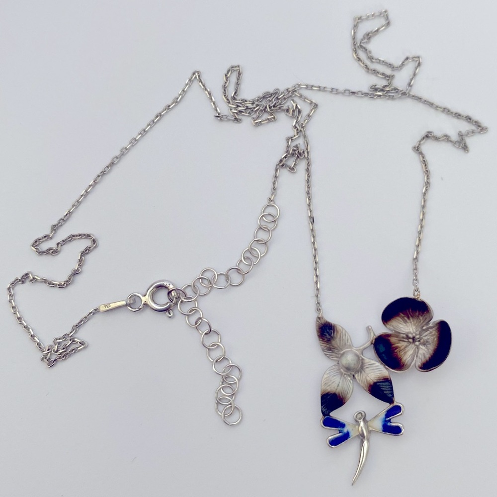 925 Silver blue dragonfly lotus flower necklace handmade enamel - Picture 2 of 2
